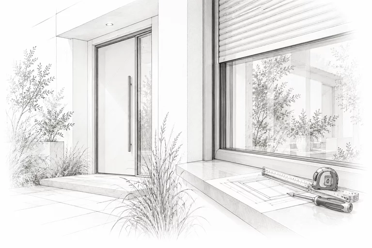 Illustration von Haustür, Fenster mit Rollladen und Messwerkzeug – Eitner Fenster und Türen in Hennef.